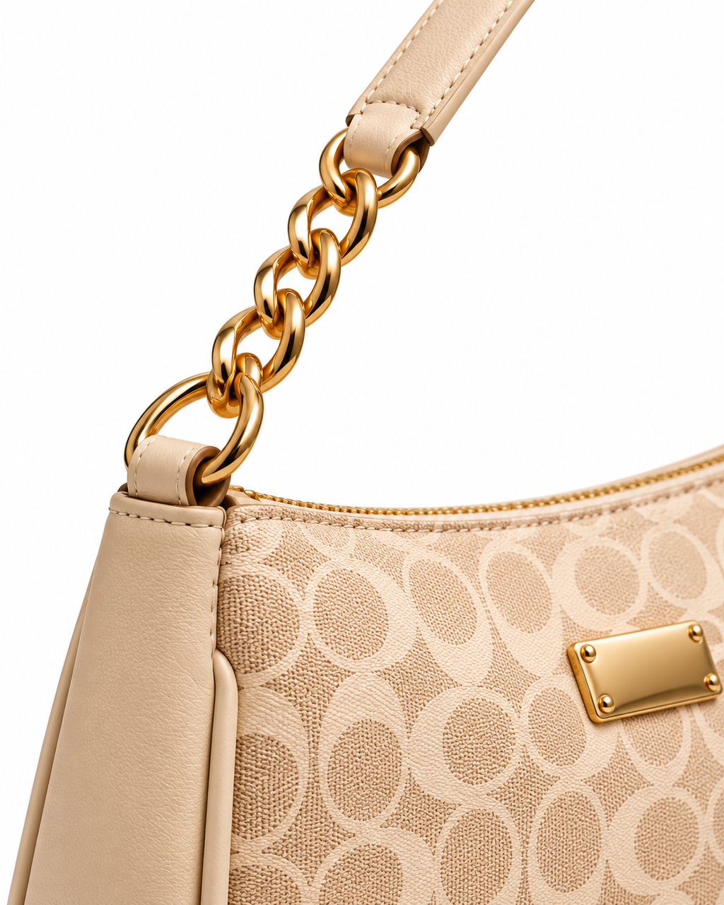 Beige Printed Bag with Gold Chain & Luxury Detailing