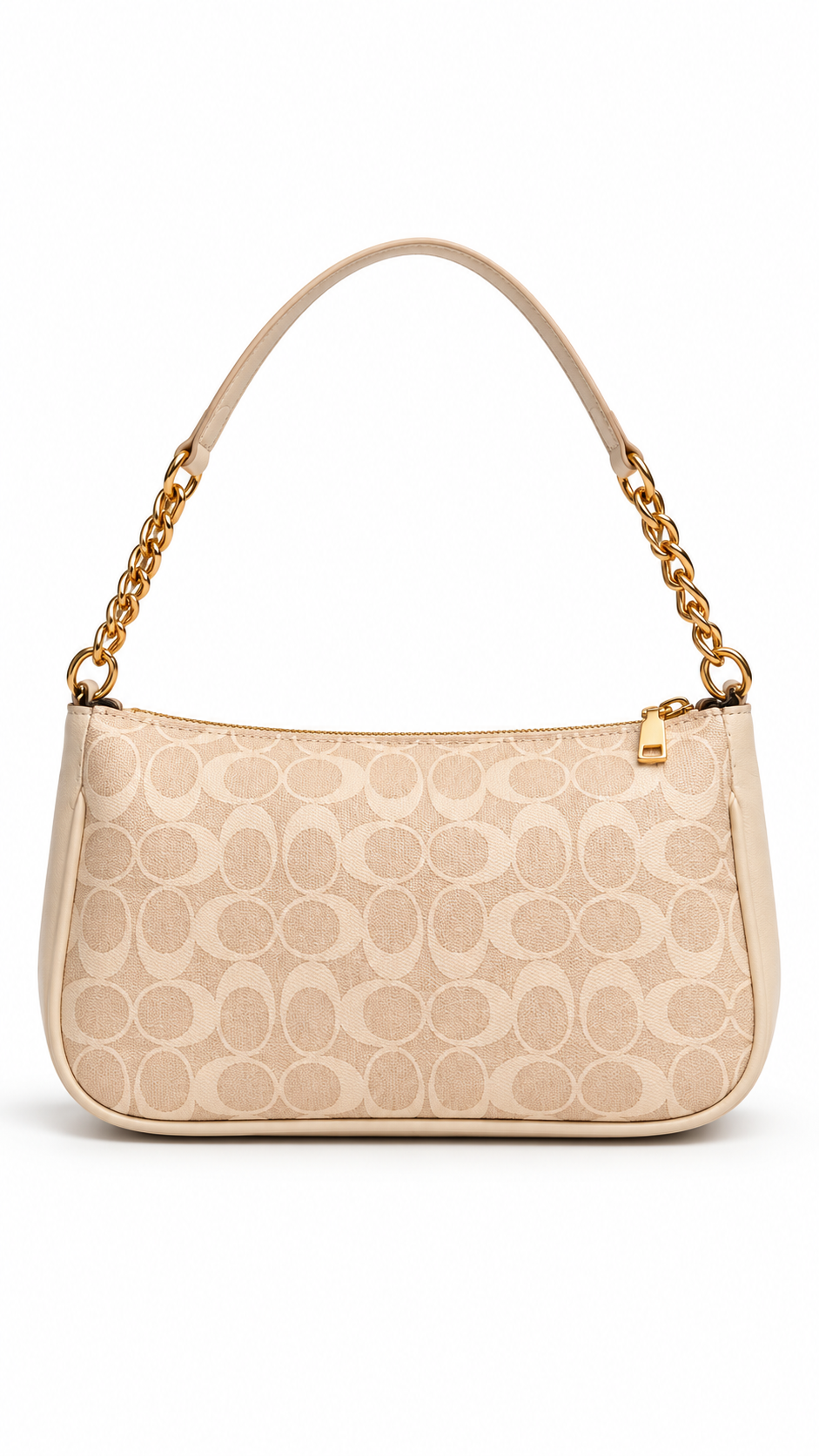 Beige Printed Bag with Gold Chain & Luxury Detailing
