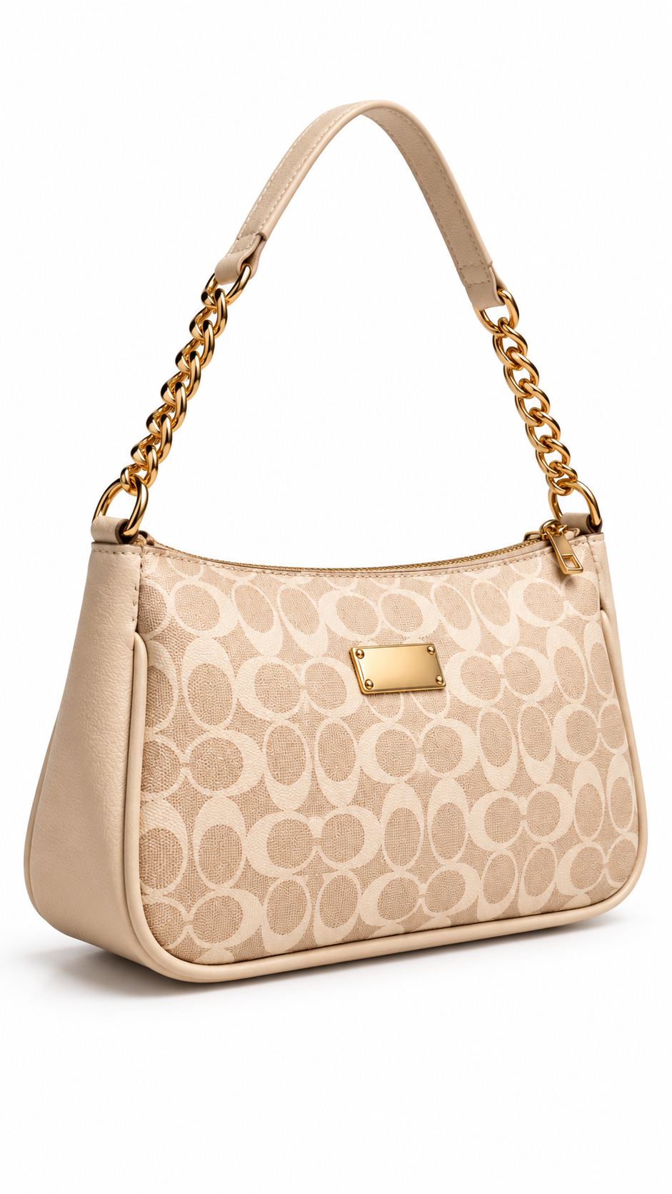 Beige Printed Bag with Gold Chain & Luxury Detailing