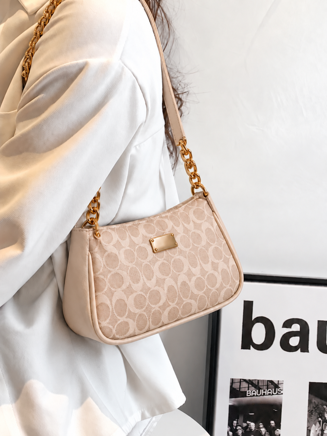 Beige Printed Bag with Gold Chain & Luxury Detailing