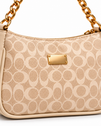 Beige Printed Bag with Gold Chain & Luxury Detailing