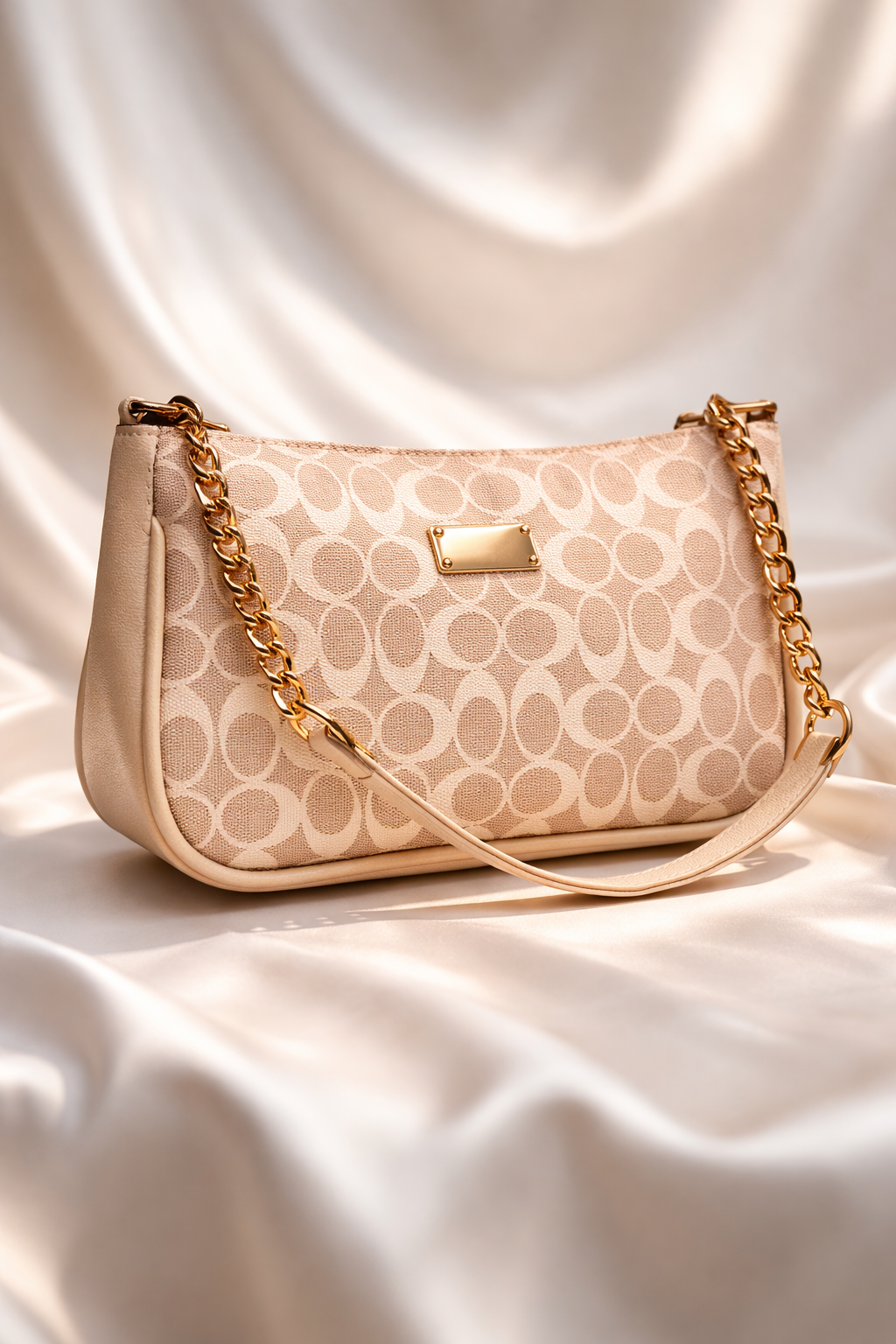 Classic beige printed handbag with gold chain detail for a professional look - Silslah