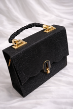 Black Glitter Shimmer Flap Bag with Gold Chain for Women