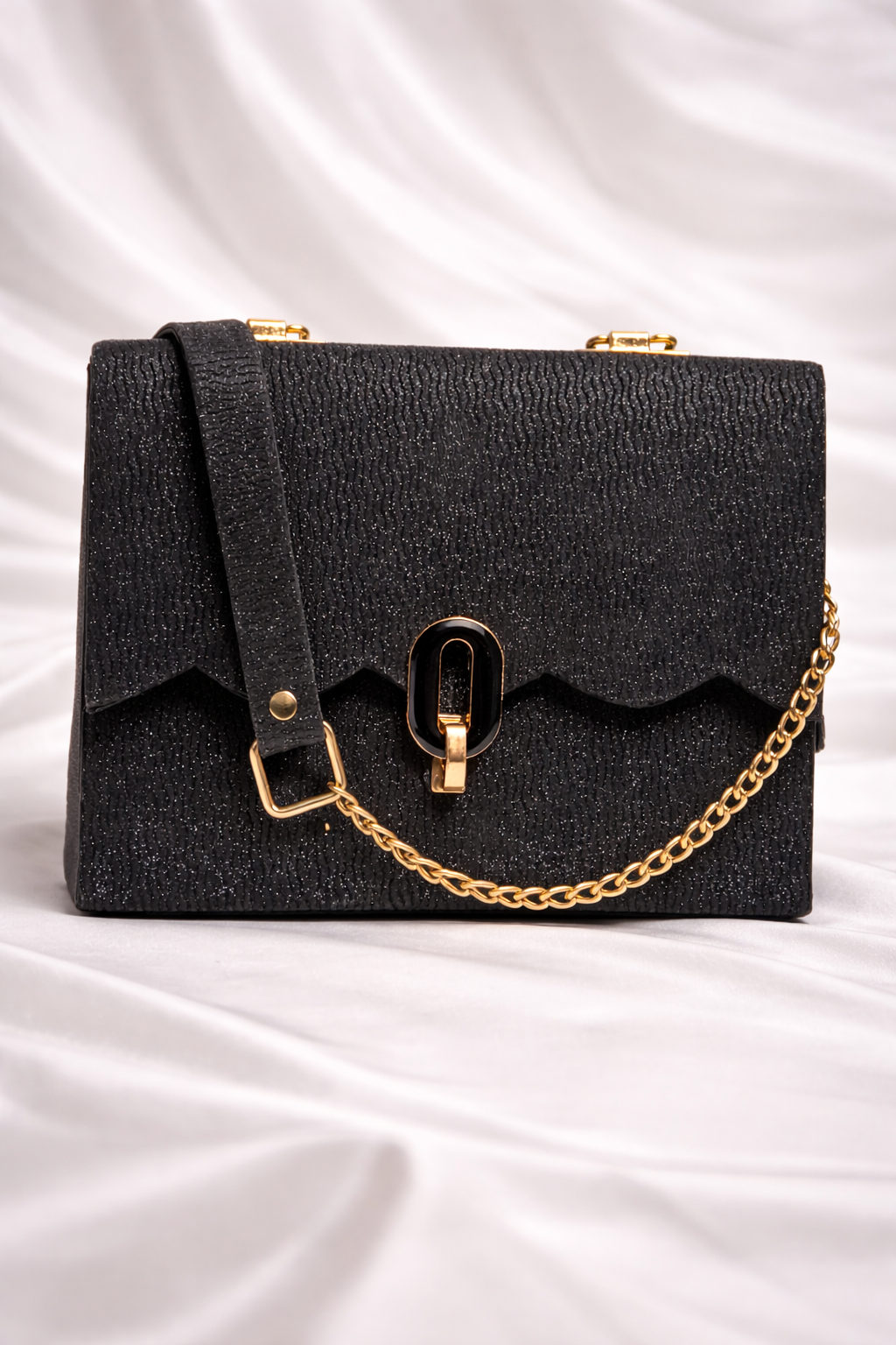 Black Glitter Shimmer Flap Bag with Gold Chain for Women
