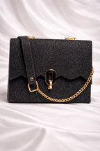 Black Glitter Shimmer Flap Bag with Gold Chain for Women