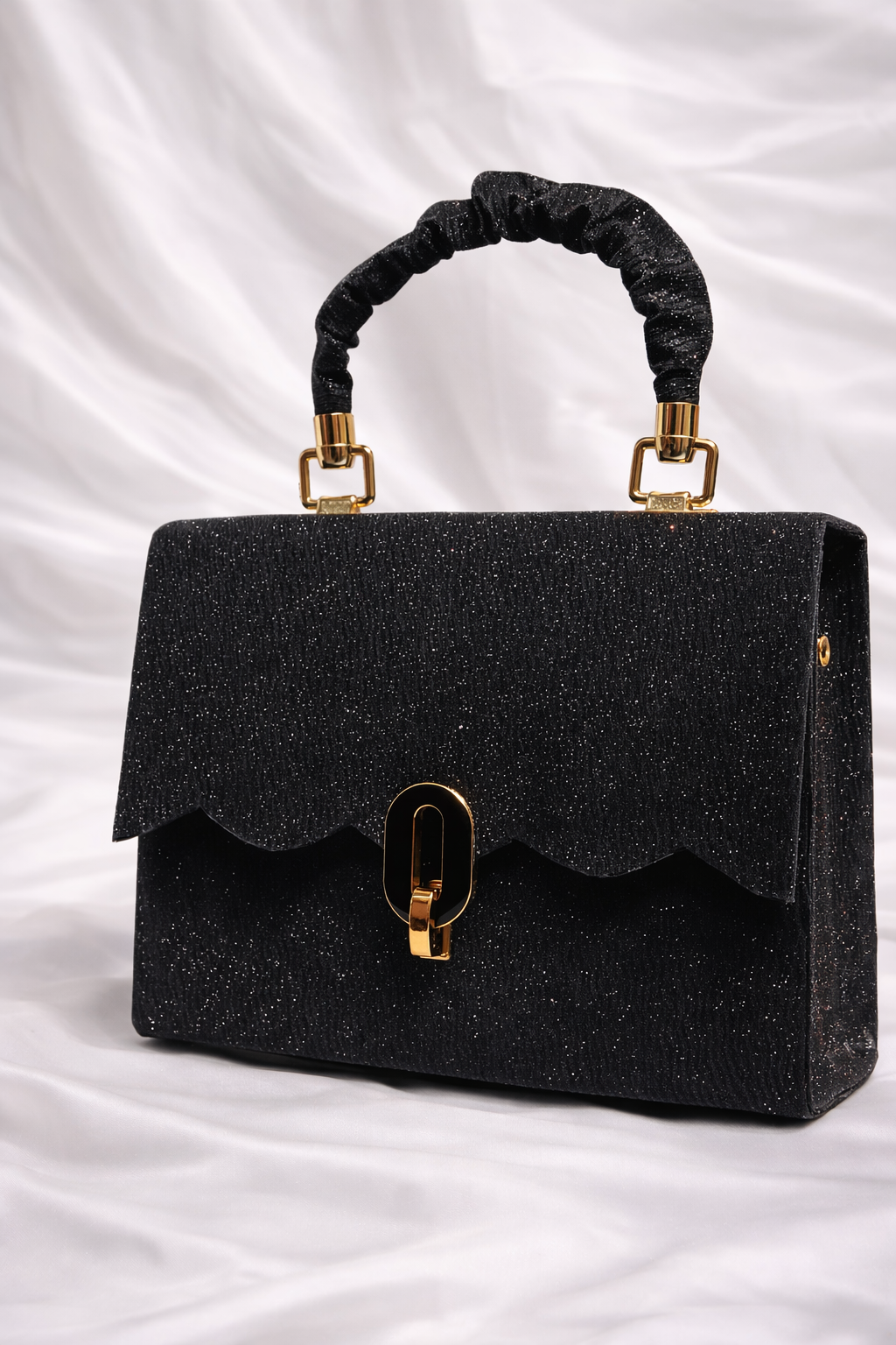 Black Glitter Shimmer Flap Bag with Gold Chain for Women