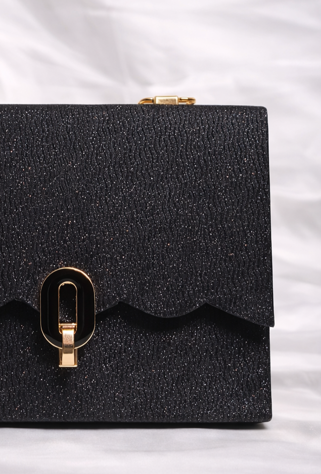 Black Glitter Shimmer Flap Bag with Gold Chain for Women