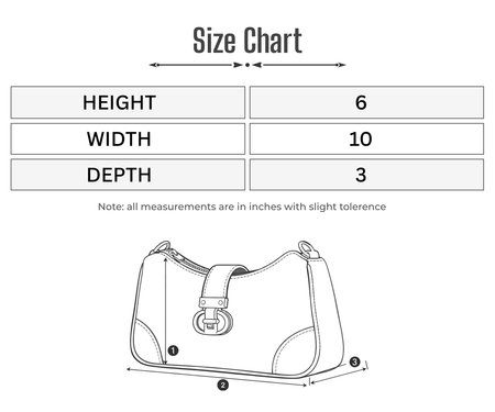Black Pebbled Leather Crossbody Bag for Woman | Premium Gold Lock & Detachable Strap Size Chart