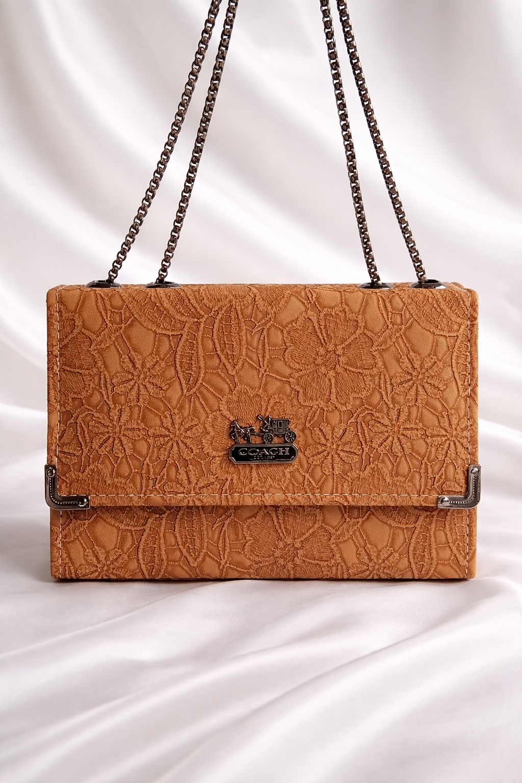 Close up of premium floral print on high-quality tan faux leather handbag - Silslah