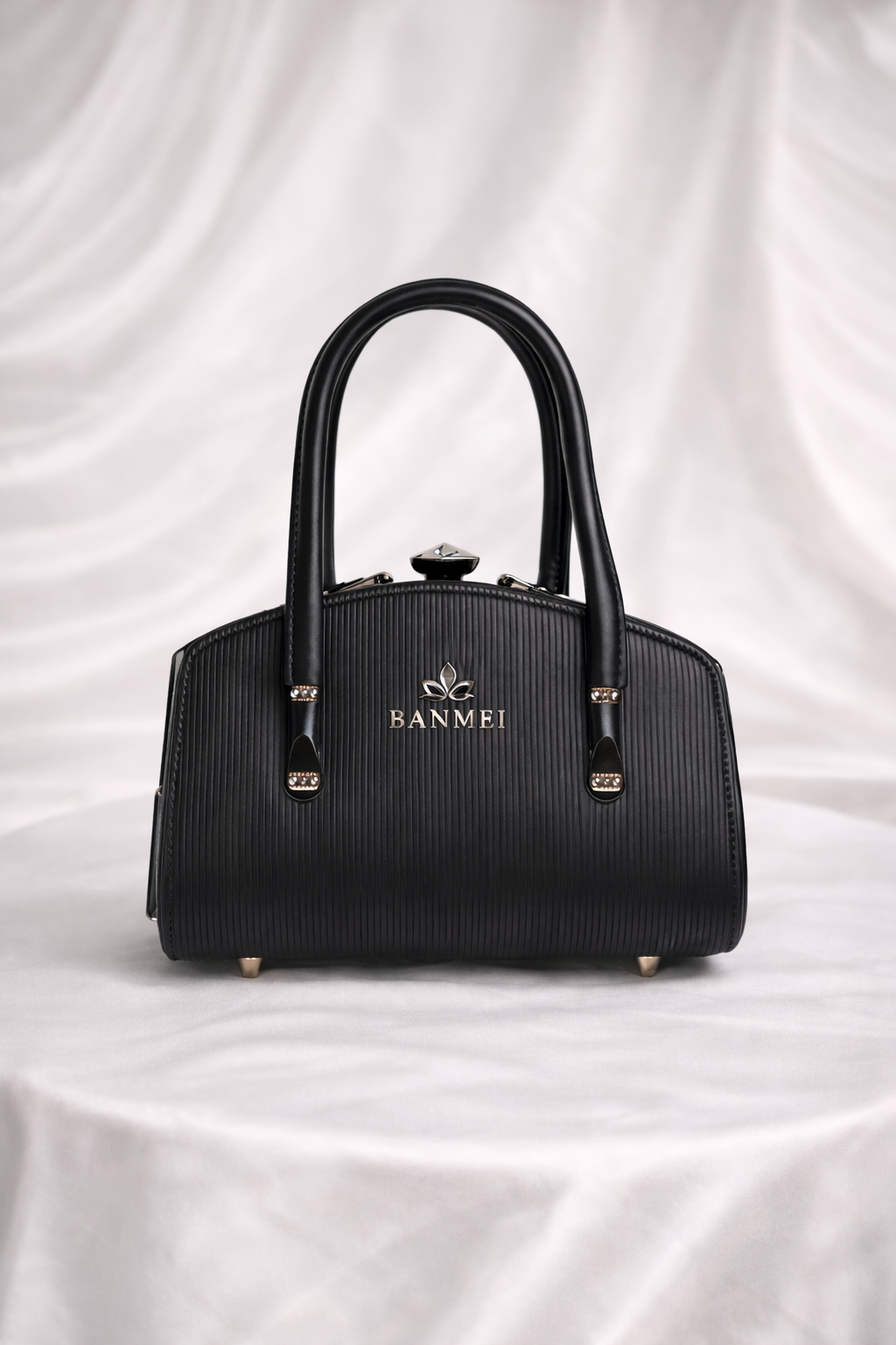 Stylish black embossed leather handbag with crystal clasp and silver frame - Silslah Store