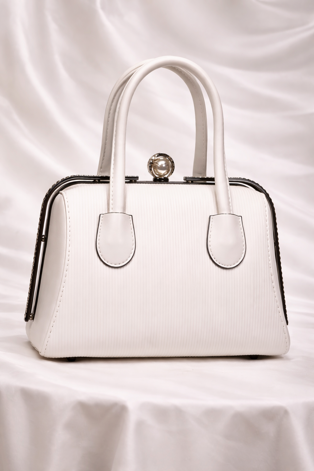 Premium white embossed leather handbag with pearl crystal clasp for Pakistani weddings season