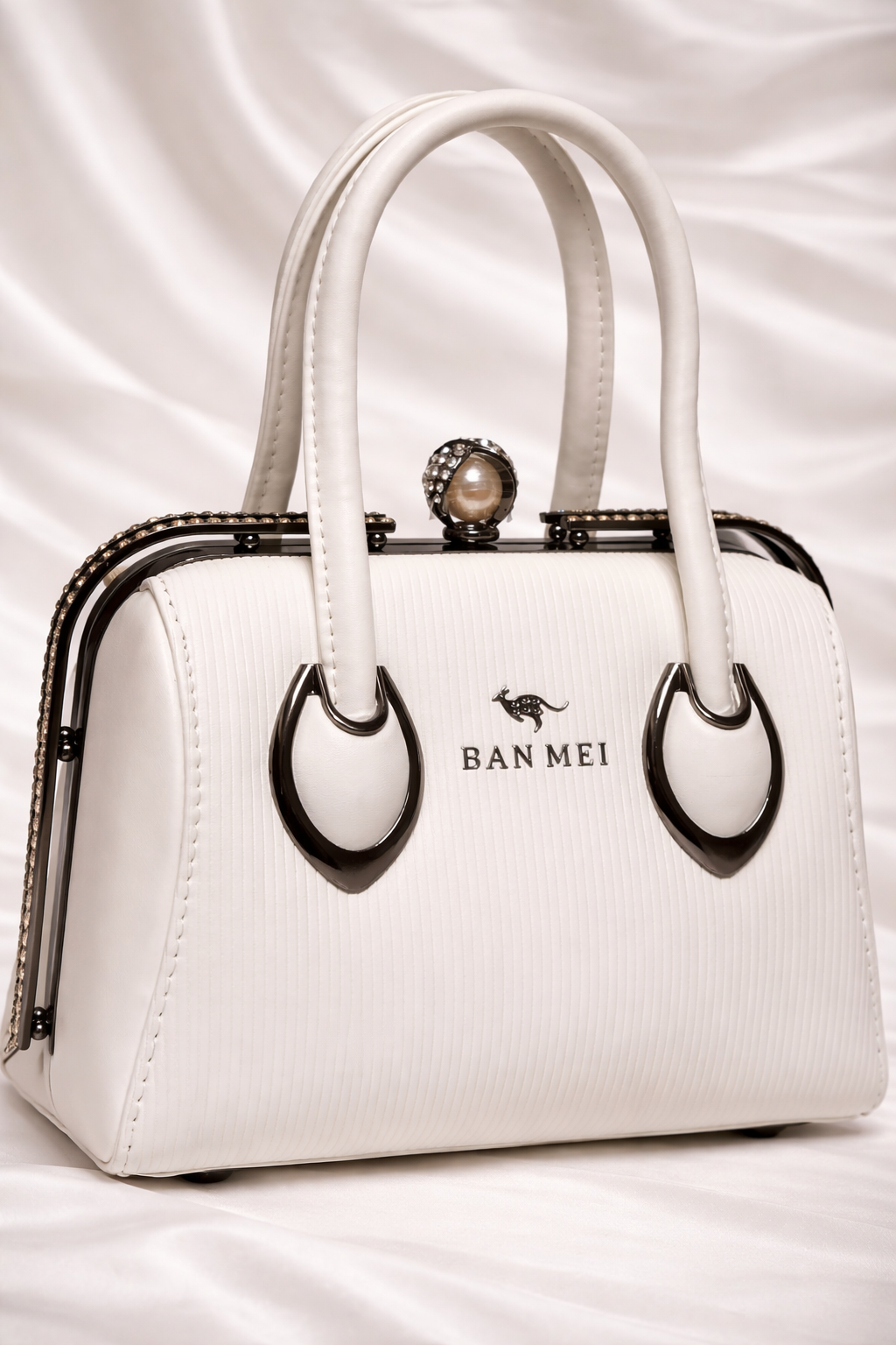 Luxury white embossed leather handbag with pearl crystal clasp for Pakistani wedding seasons