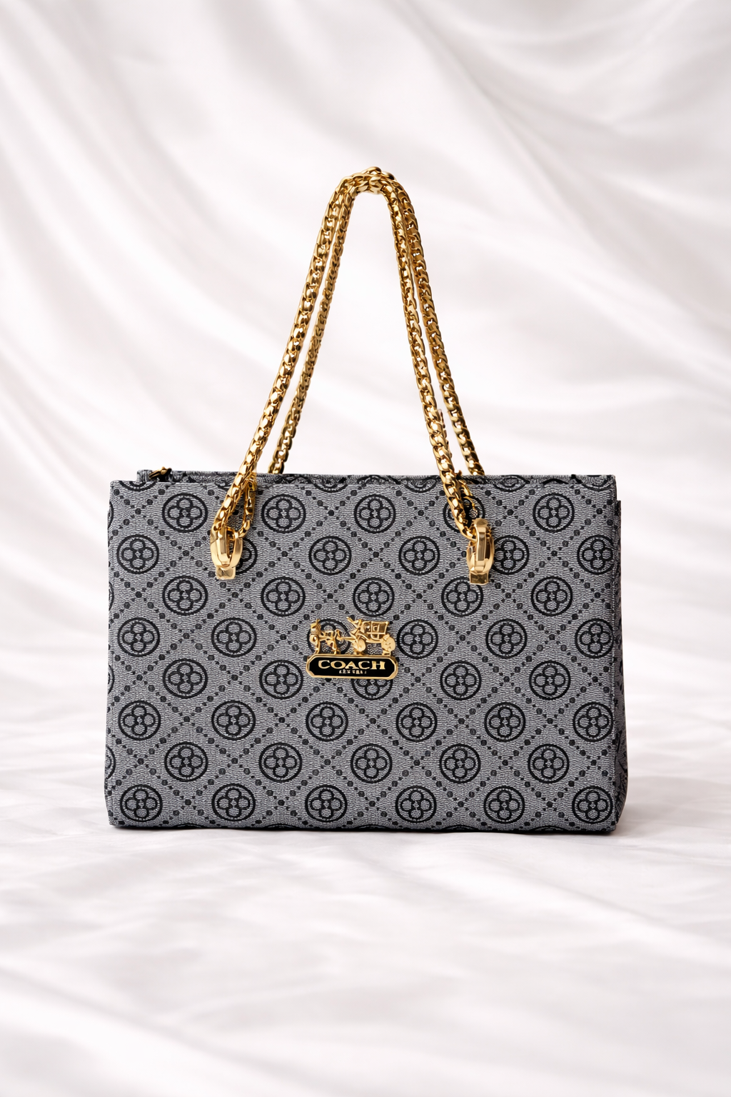 Grey signature print handbag for ladies with sturdy top handles - Silslah Store