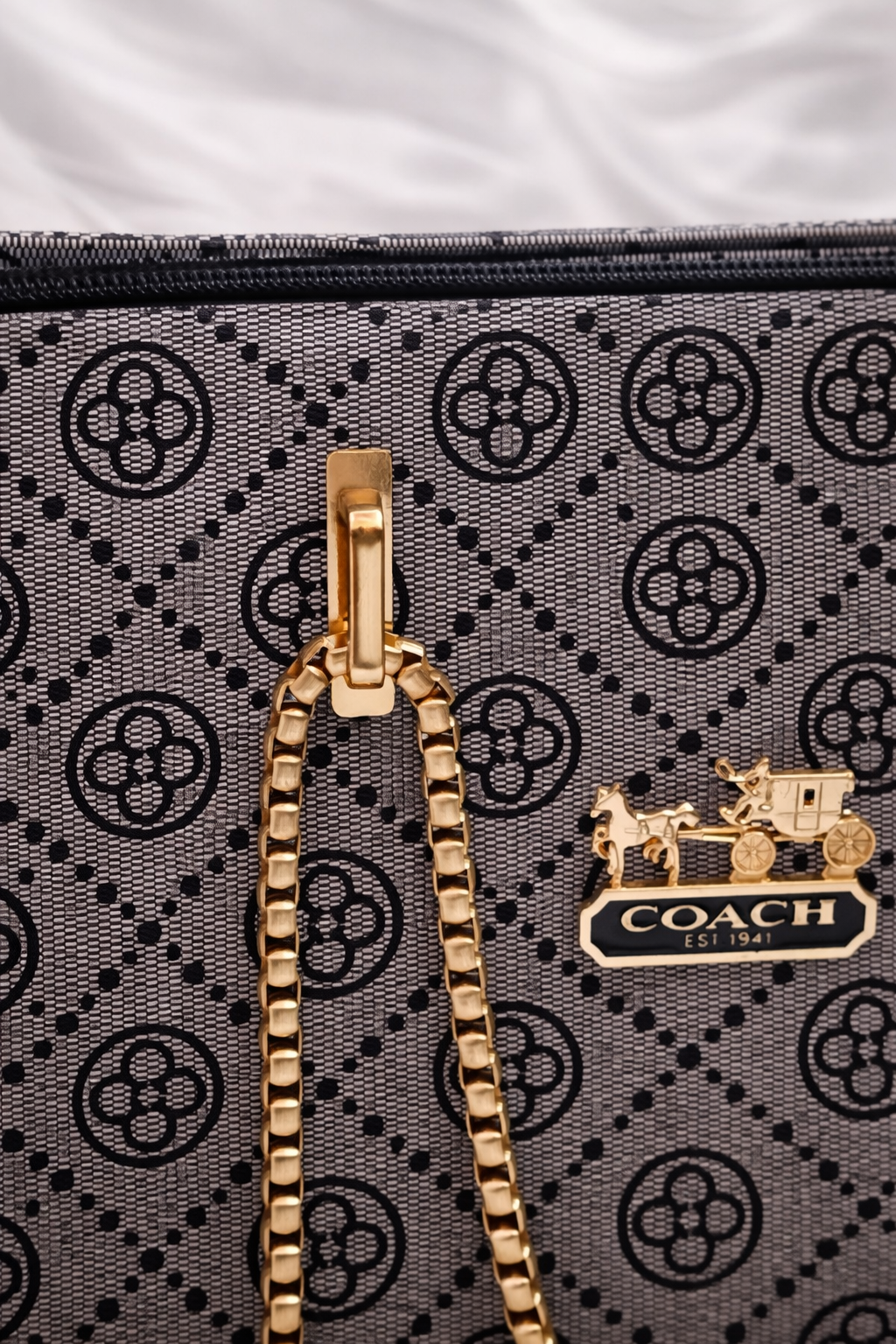 Close up of signature grey monogram print and gold detailing on high quality faux leather handbag