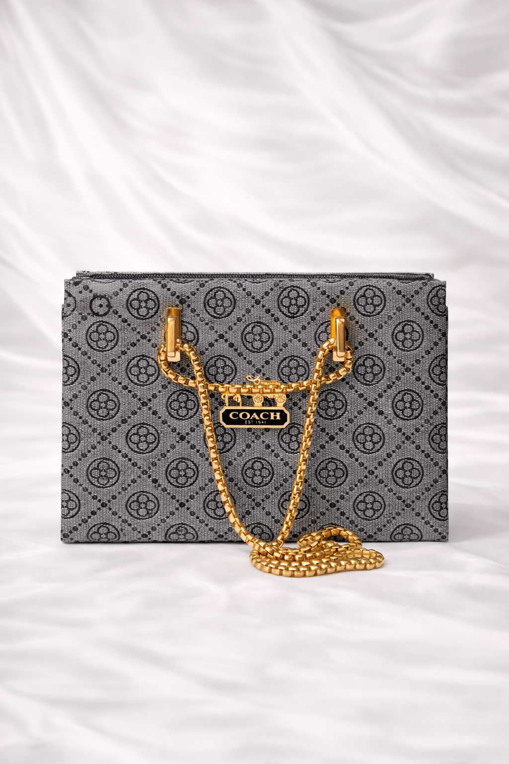 Grey signature print handbag for ladies with sturdy top chain - luxury and affordable bags in pakistan