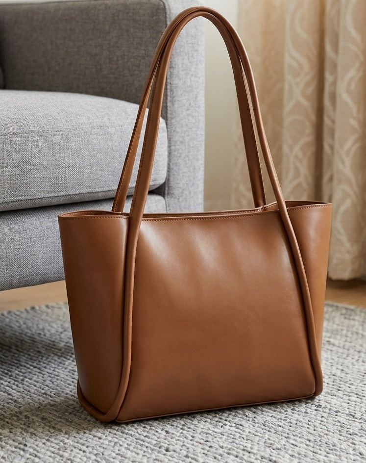 Luxe Tote Bag for Women | Smooth Tan Leather with Gold Studs