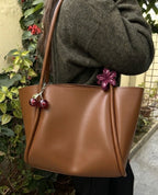 Luxe Tote Bag for Women | Smooth Tan Leather with Gold Studs