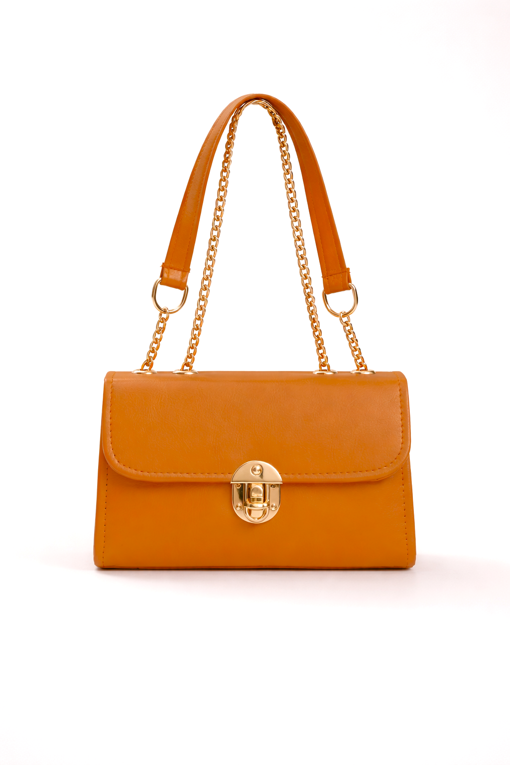 Mustard amber ladies bag with shiny gold accents and smooth faux leather finish ideal for party and formal wear in Pakistan