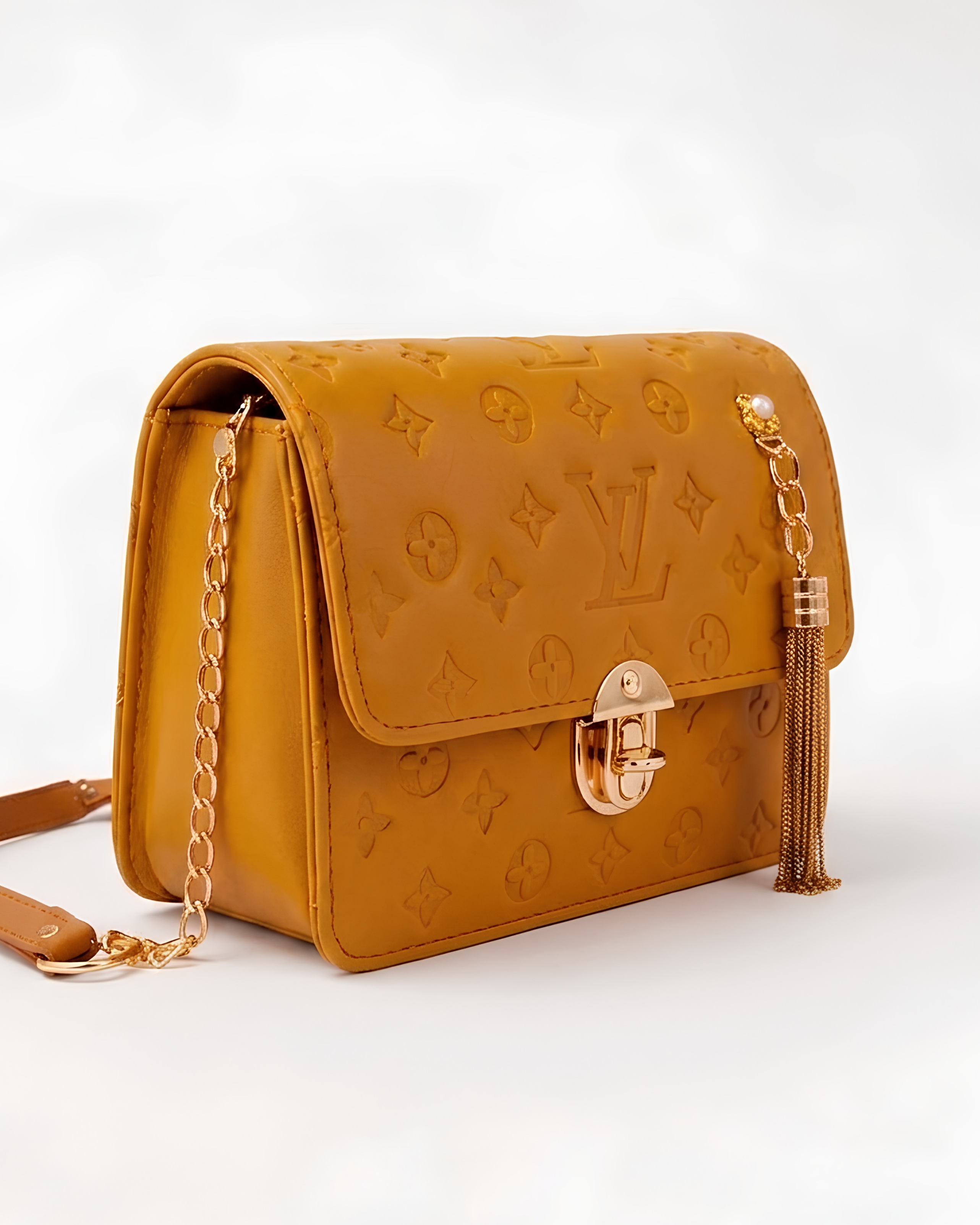 Mustard Embossed Bag for Women with Gold Detailing and Chain Strap