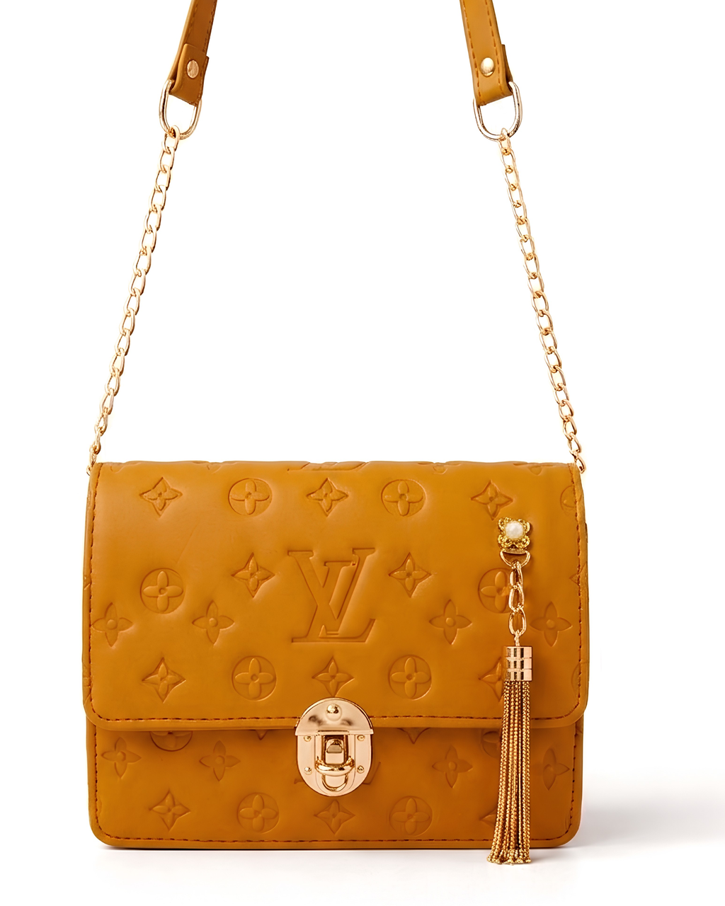 Mustard Embossed Bag for Women with Gold Detailing and Chain Strap
