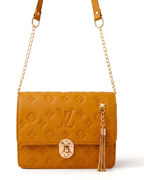 Mustard Embossed Bag for Women with Gold Detailing and Chain Strap