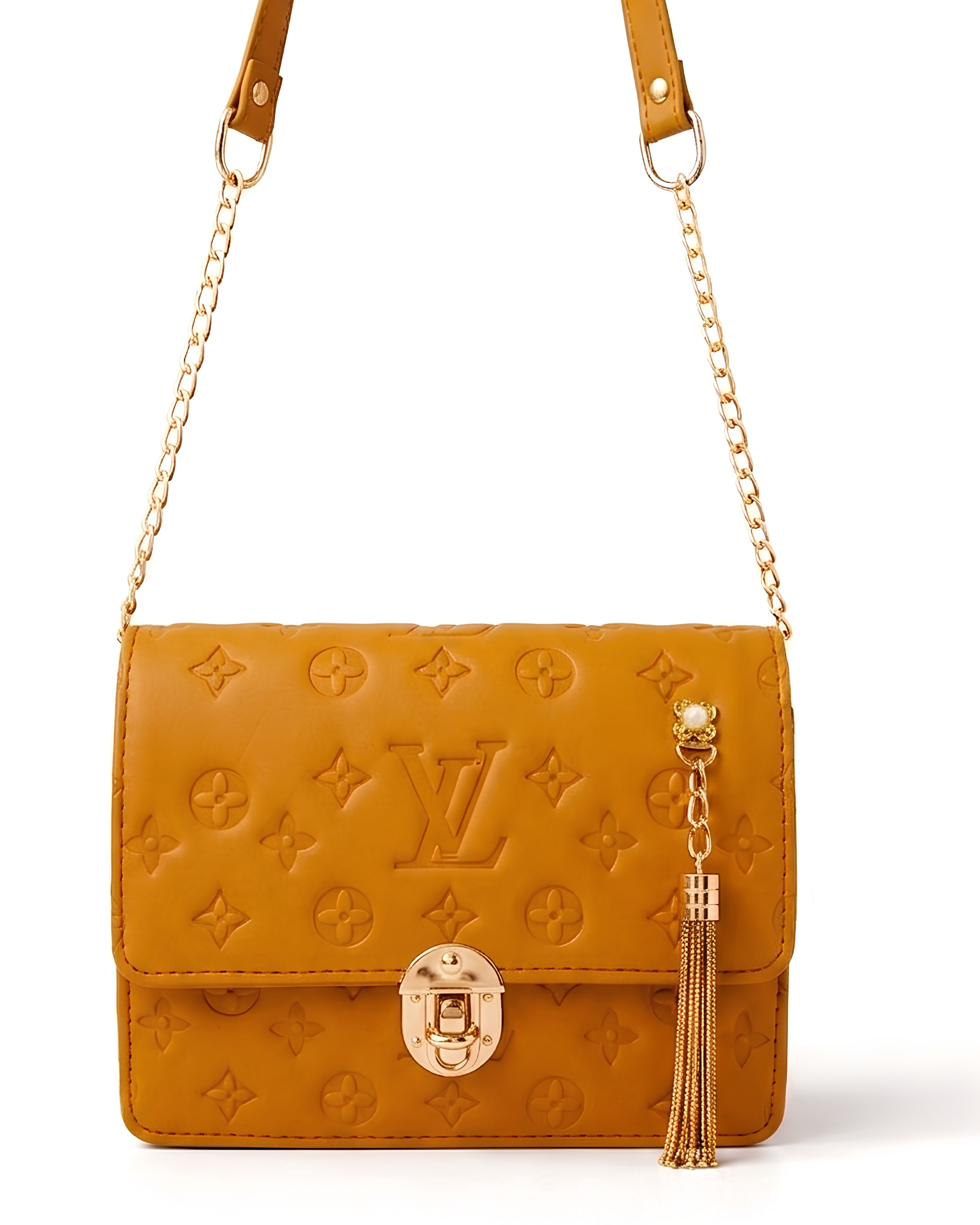 Mustard Embossed Bag for Women with Gold Detailing and Chain Strap