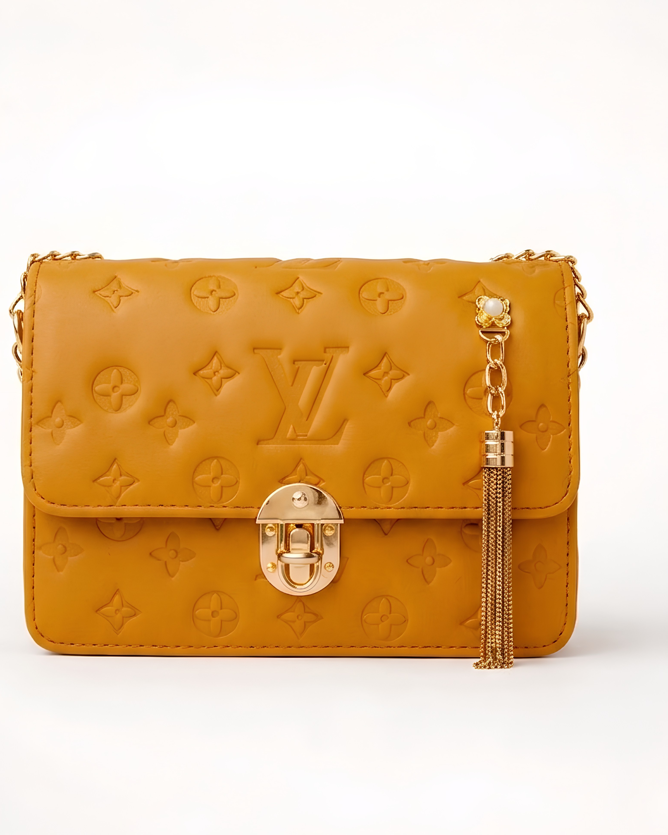 Mustard Embossed Bag for Women with Gold Detailing and Chain Strap