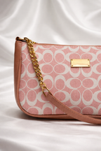 Detail of gold chain and premium printed pattern on Silslah pink luxury bag