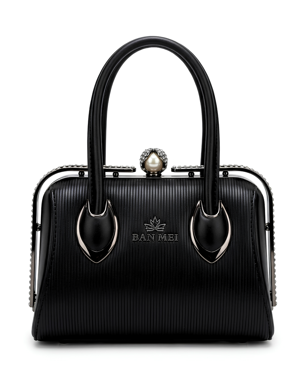 Close-up of rhinestone frame and pearl connector handles on Silslah black handbag