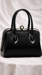 Luxury black embossed leather handbag with pearl crystal clasp for Pakistani wedding seasons