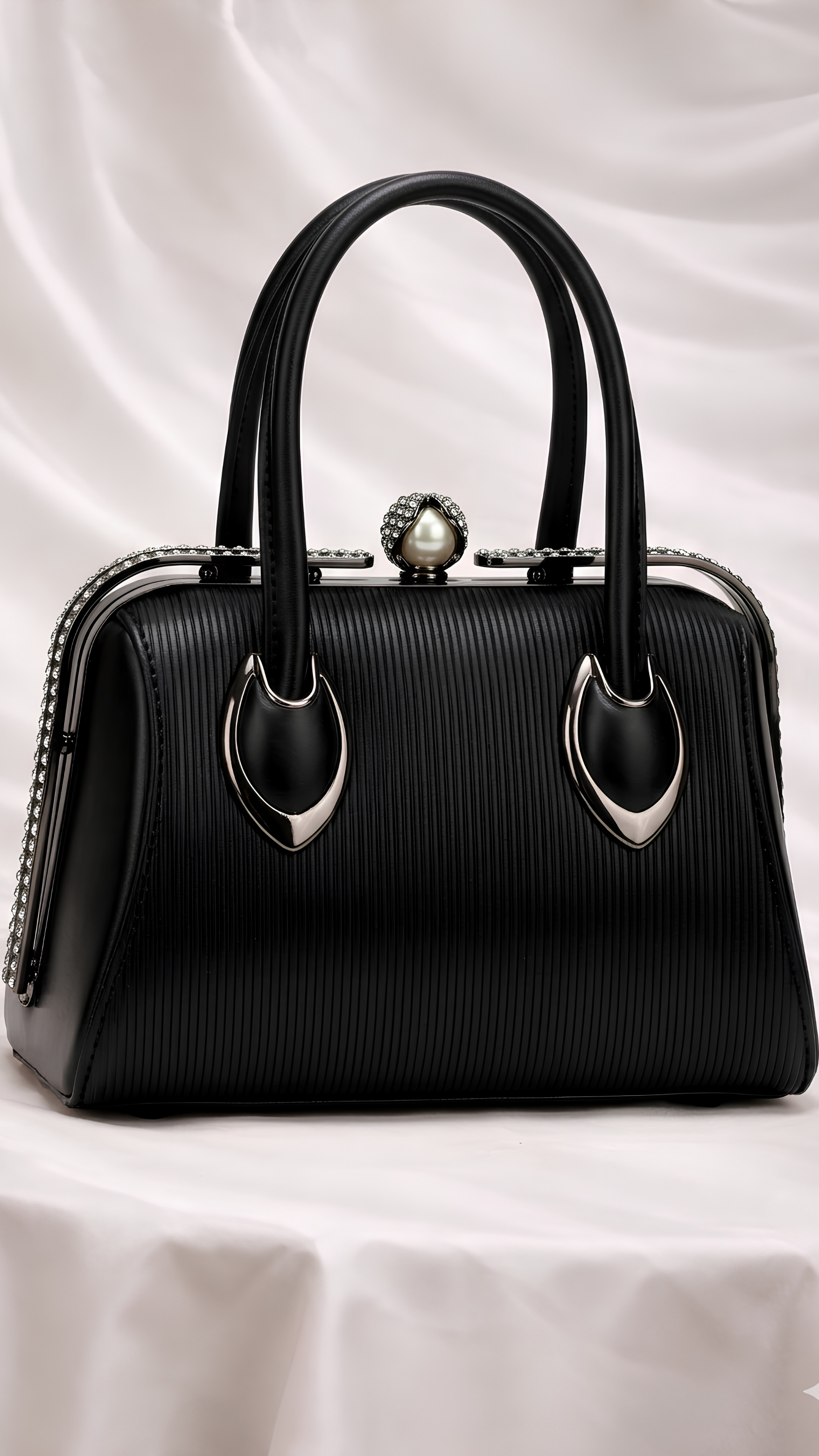 Luxury black embossed leather handbag with pearl crystal clasp for Pakistani wedding seasons
