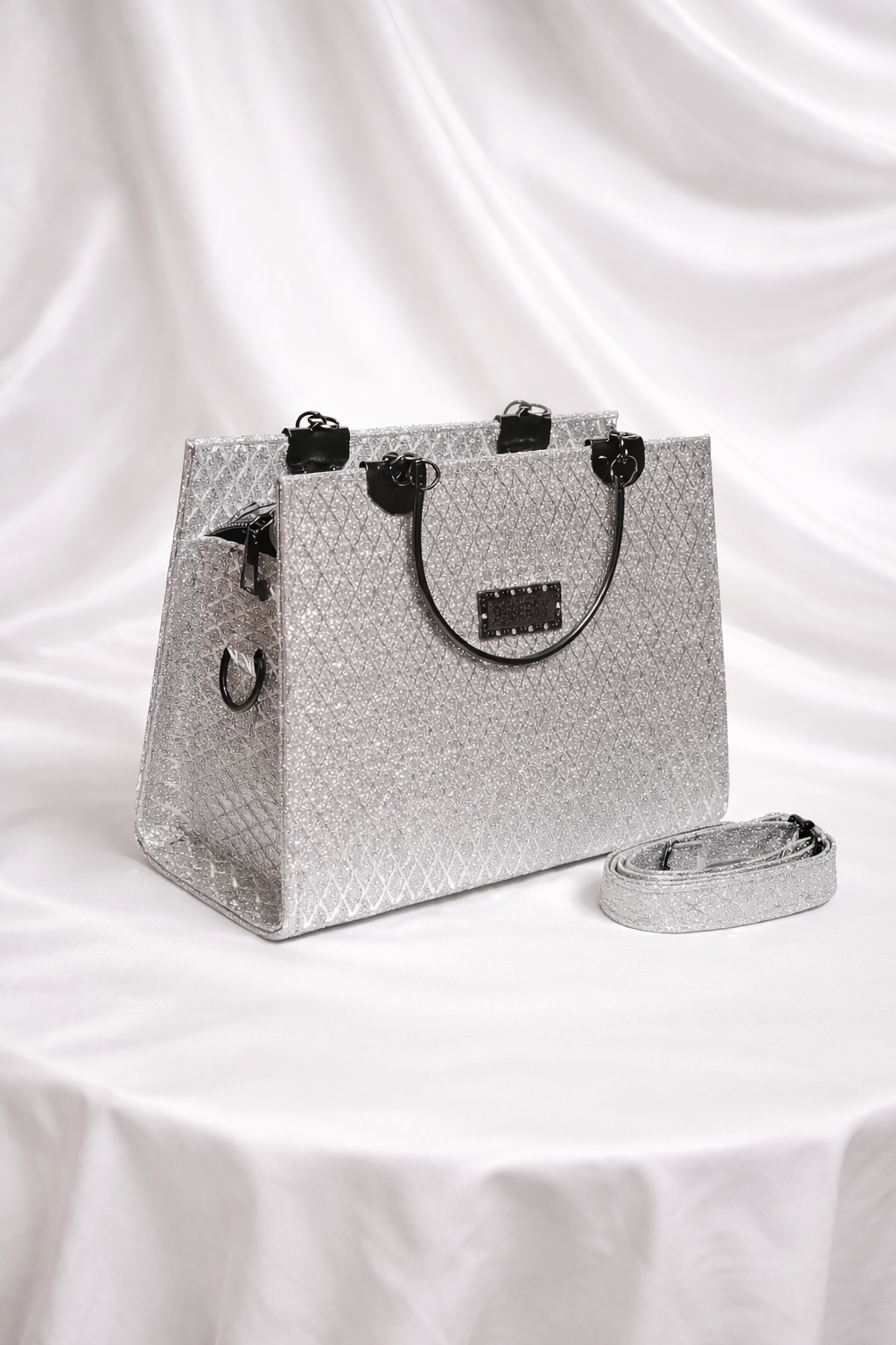 Silver glittery diamond handbag for wedding and party wear with luxury finish