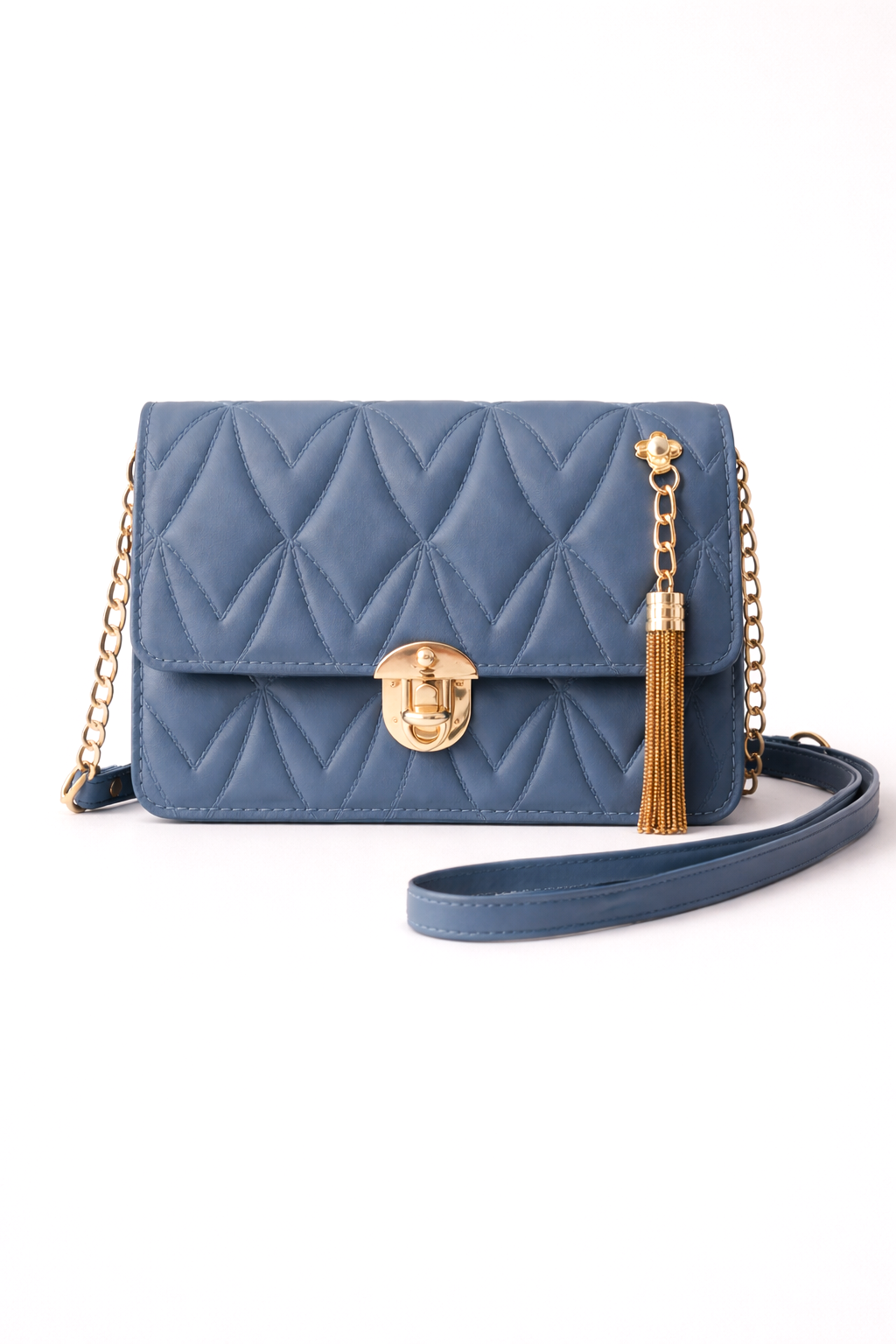 Unique slate blue embossed leather bag with gold accents and stylish flap closure - best bag for outing and casual dinners