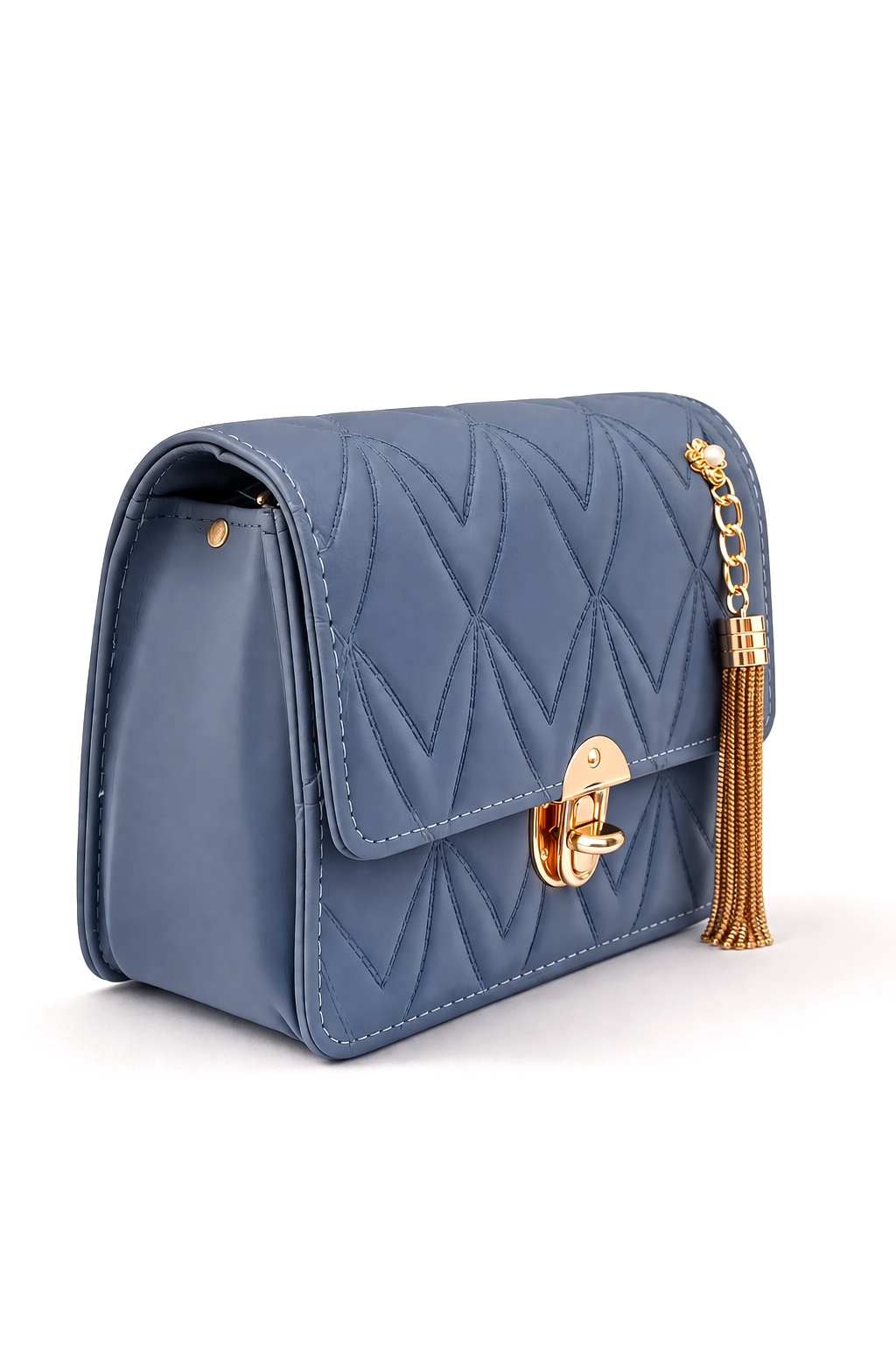 Slate blue embossed flap affordable bag for women in Pakistan with gold detailing and adjustable sling strap for daily use - Silslah Store