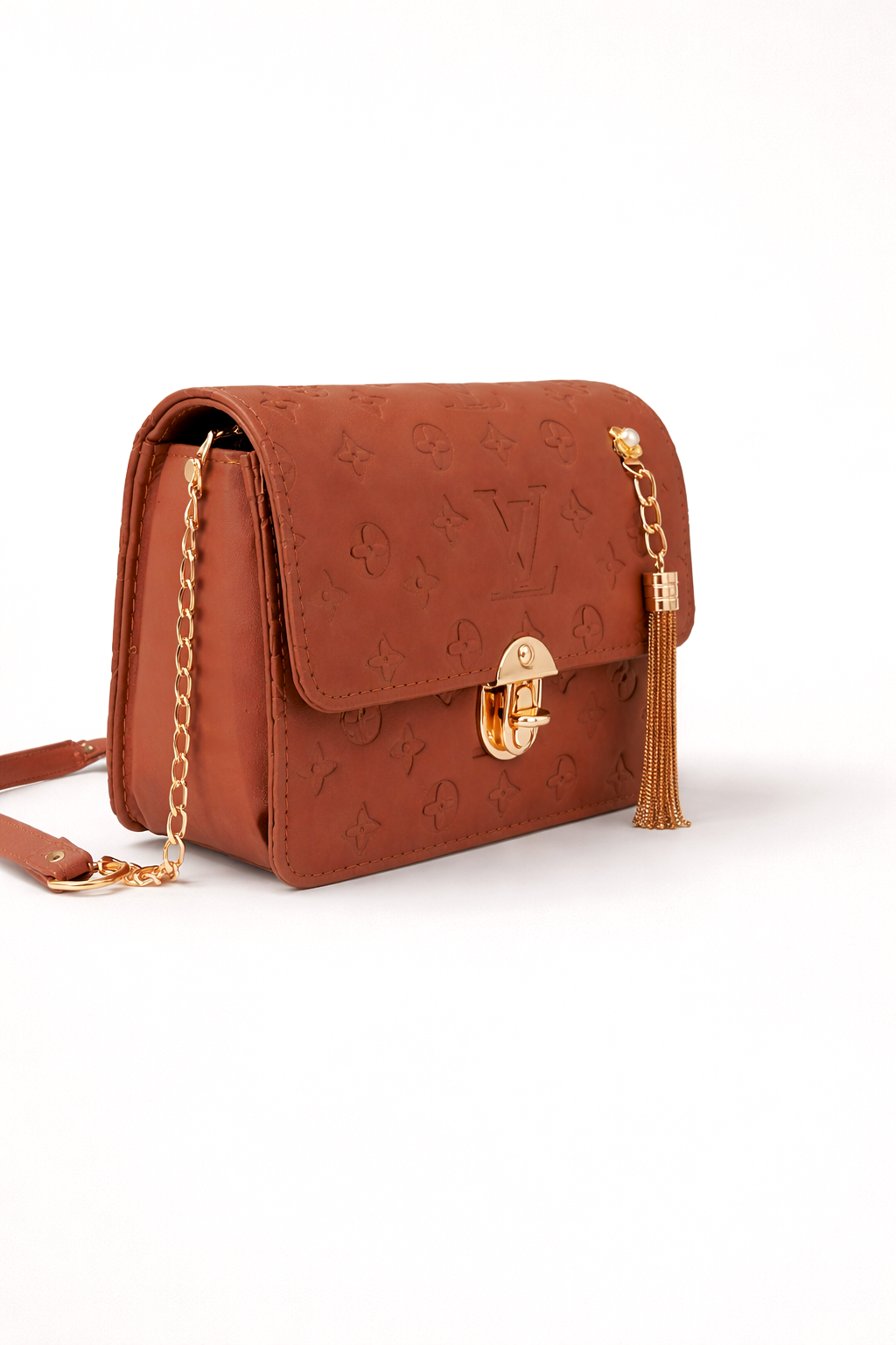 Tan brown embossed leather flap trendy bag for women with gold clasp and adjustable shoulder strap